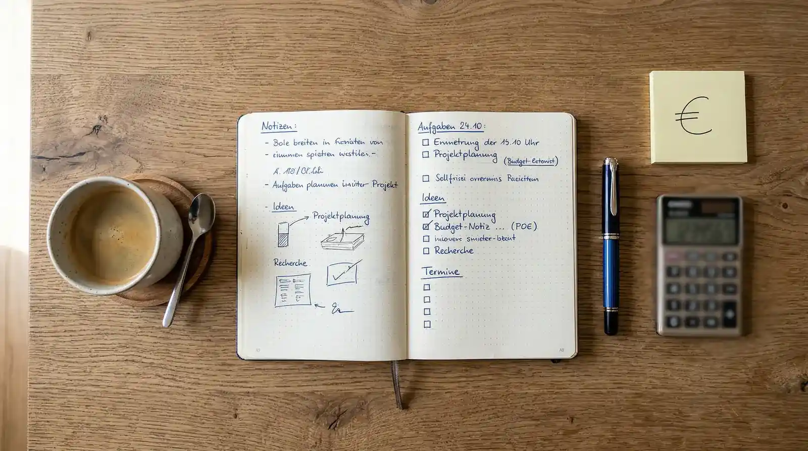Geordneter Schreibtisch mit Notizbuch, Stift und einer Planung auf Papier