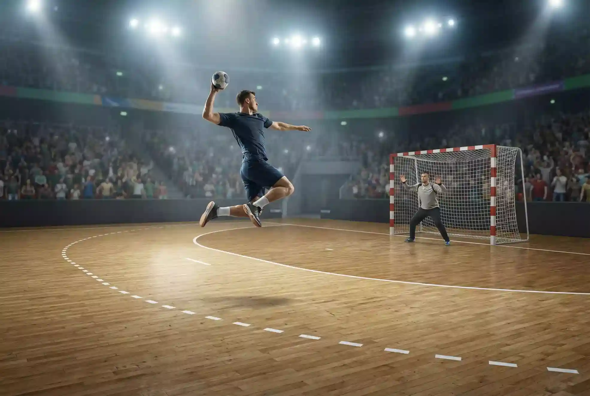Handball-Spieler beim Torwurf in einer beleuchteten Arena mit Zuschauern