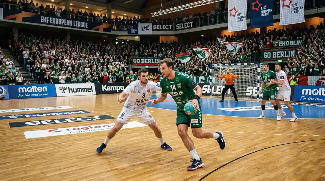 Handball-Teams beim europäischen Pokalspiel in einer mittelgroßen Halle mit Europapokal-Branding