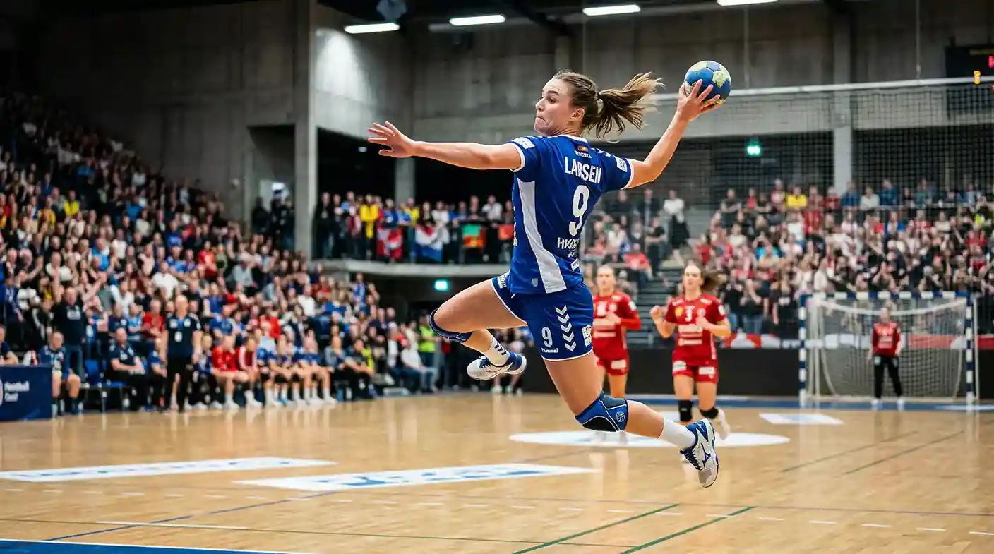 Frauen-Handballspielerin beim Sprungwurf in einer beleuchteten Arena