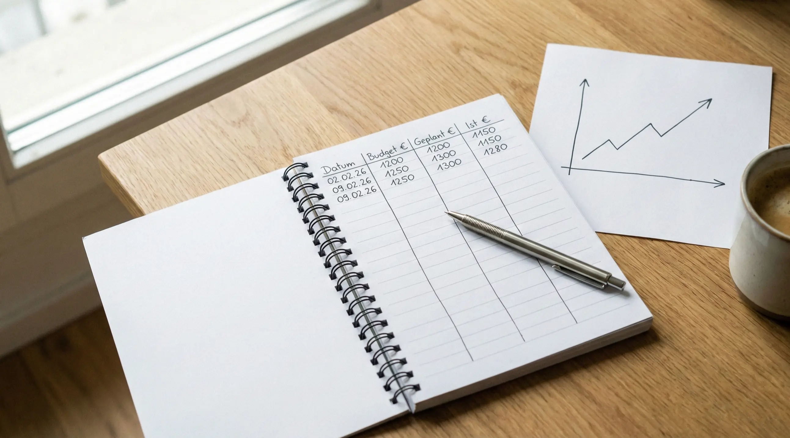 Offenes Notizbuch mit Wettplanung und Stift auf Schreibtisch