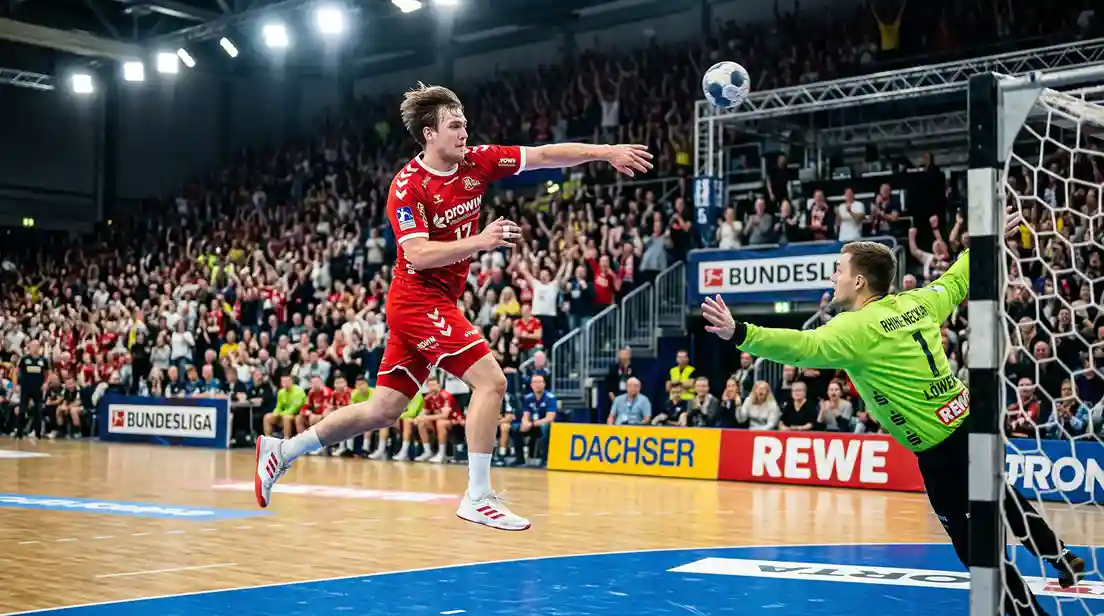 Handball-Spieler beim Torwurf in einer vollen Bundesliga-Halle
