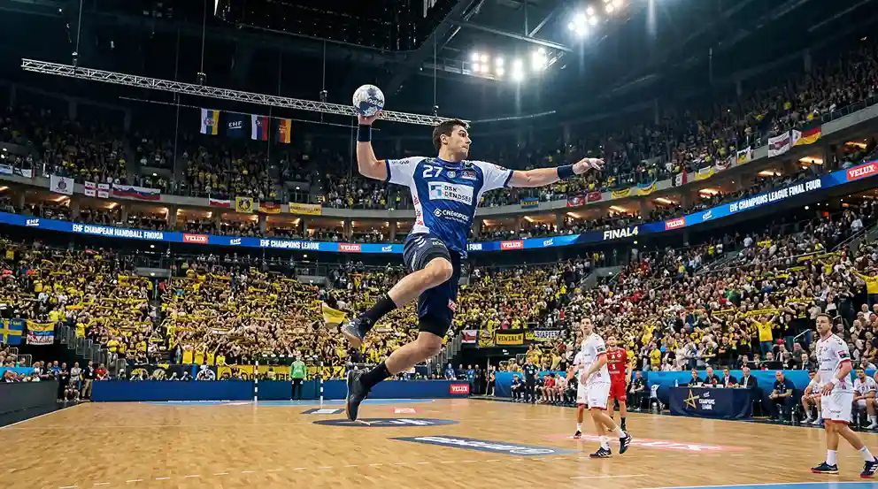 Handball-Spieler beim Sprungwurf in einem Champions-League-Spiel in der Kölner Arena
