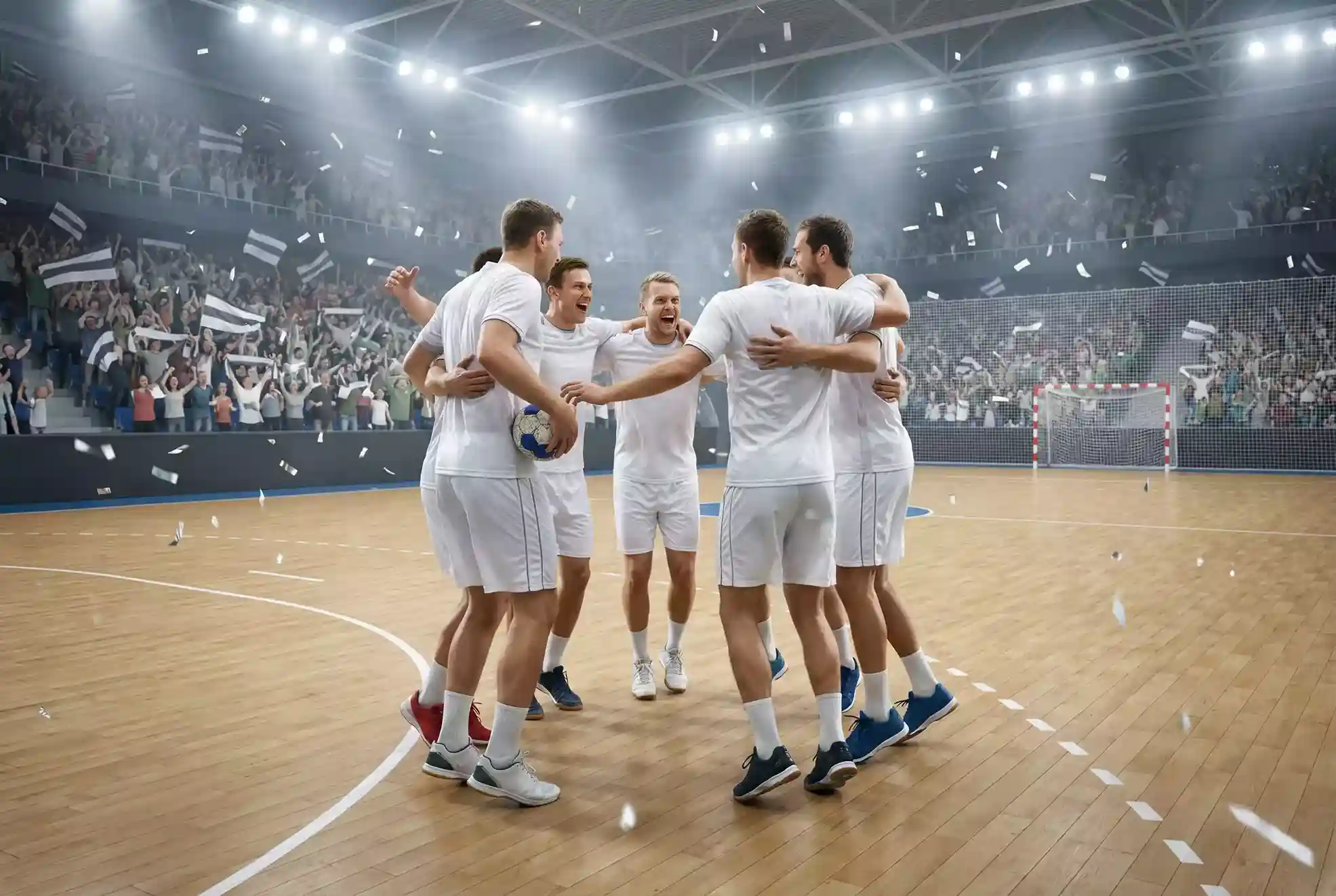 Handball-Nationalmannschaft feiert einen Sieg bei der Europameisterschaft in voller Halle