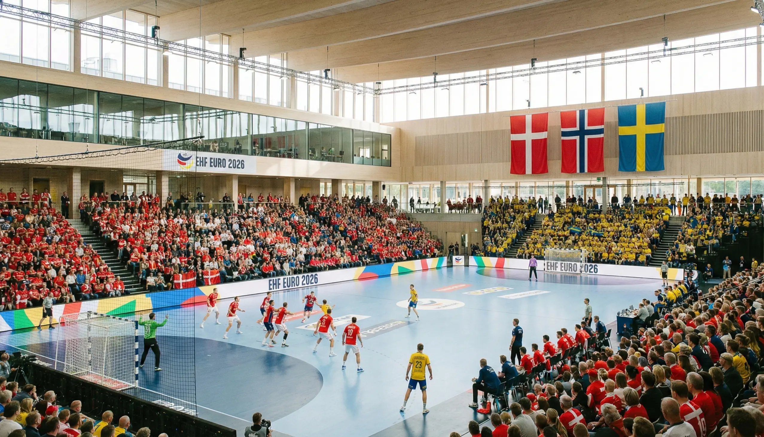 Skandinavische Handball-Arena mit Nationalflaggen
