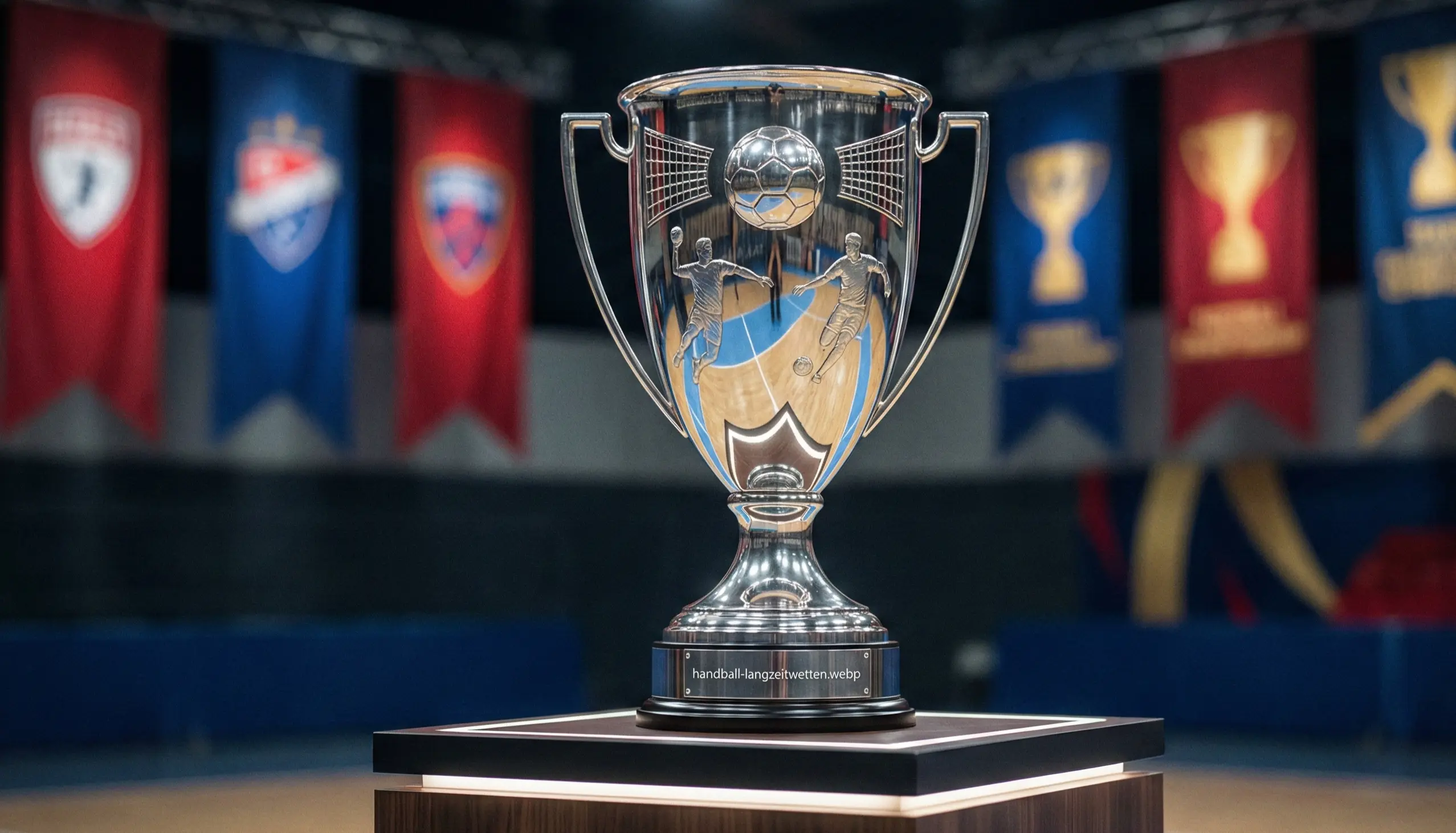 Handball-Trophäe mit Vereinsemblemen im Hintergrund