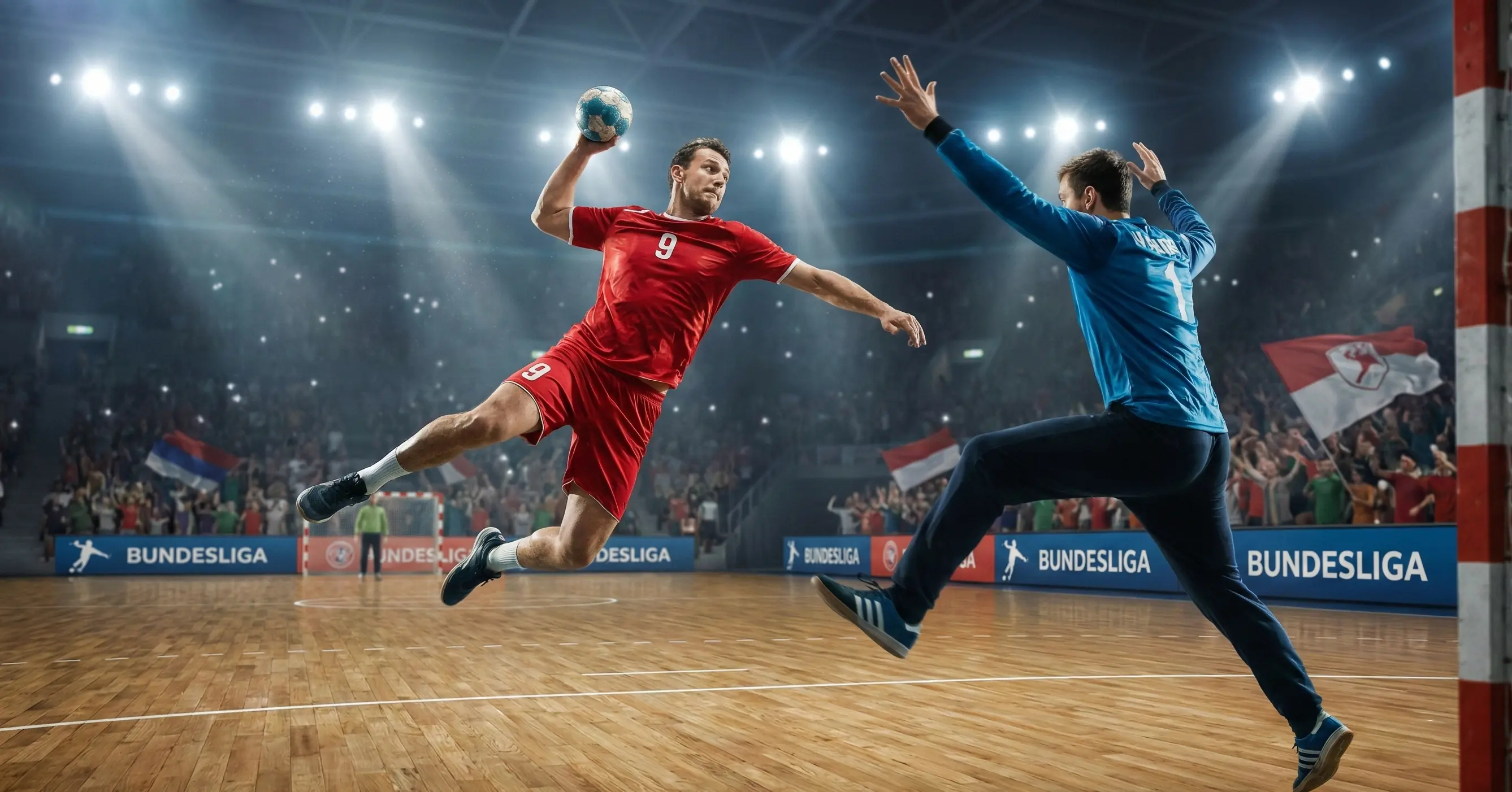 Handballspieler wirft auf Tor während intensivem Bundesliga-Spiel