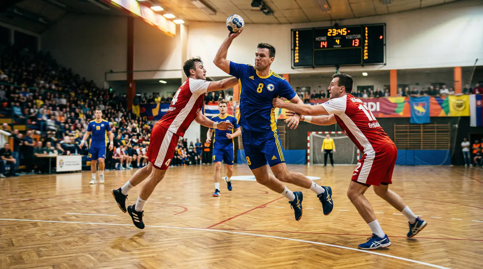 Spannende Handball-Spielszene mit Spielern in schneller Aktion auf dem Feld