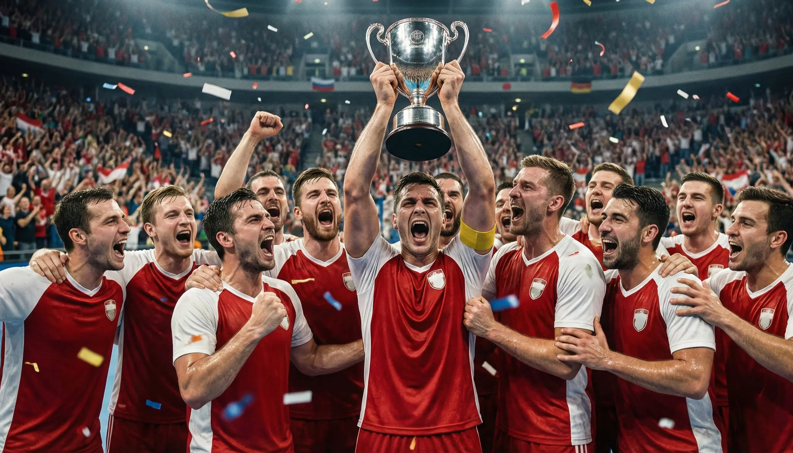 Dänische Handball-Spieler feiern Sieg mit Trophäe