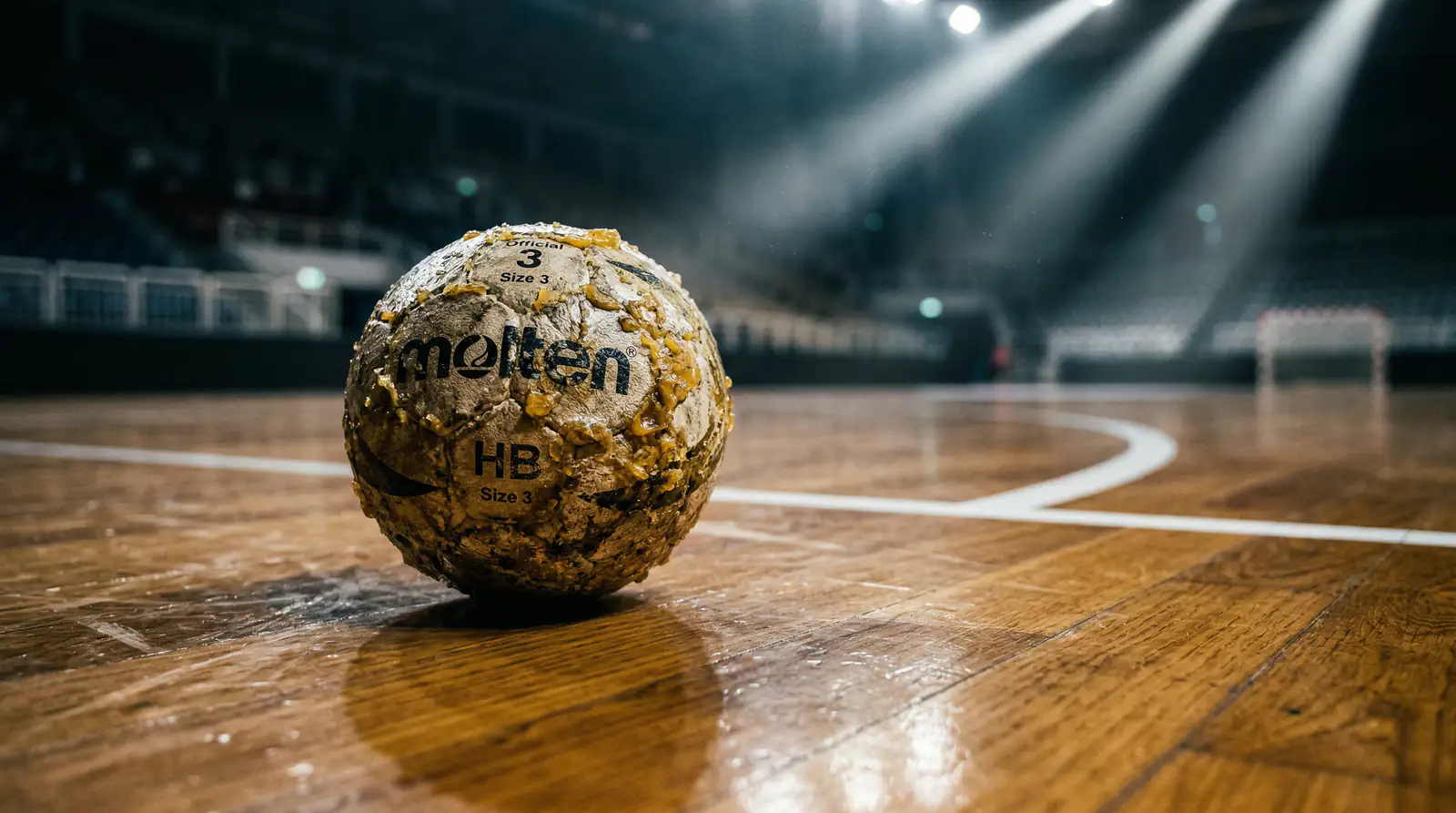 Nahaufnahme eines Handballs auf dem Spielfeld mit Hallenbeleuchtung