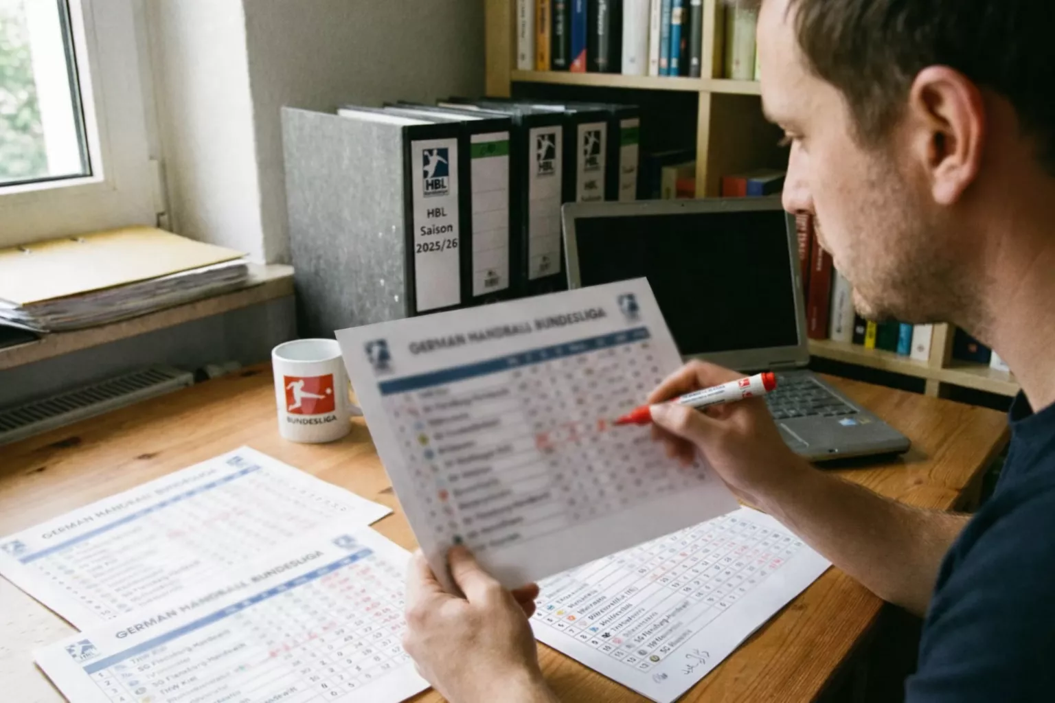Fokussierter Wetter studiert Handball-Ligatabellen