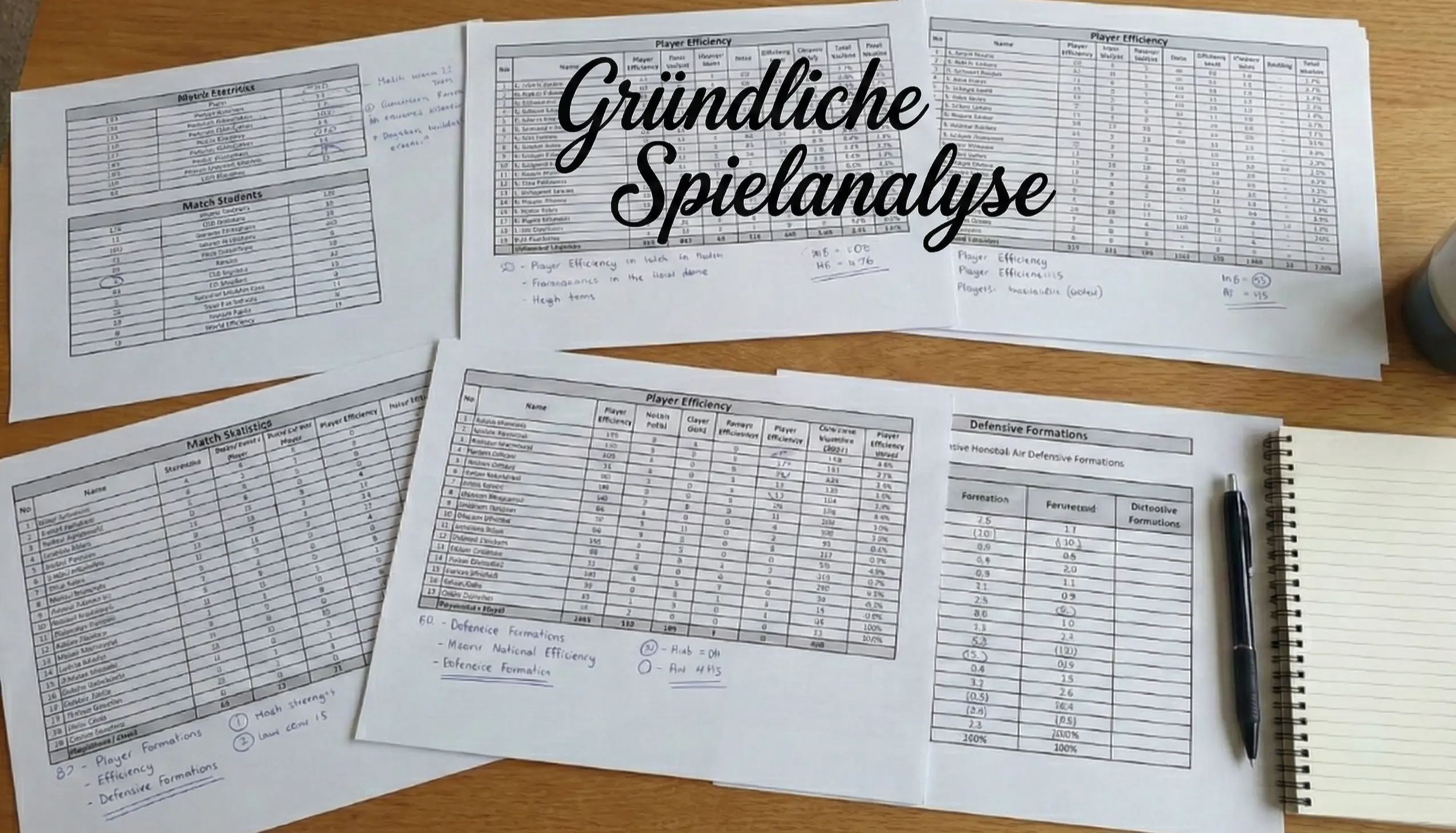 Detaillierte Handball-Statistiken auf Papier mit Notizen