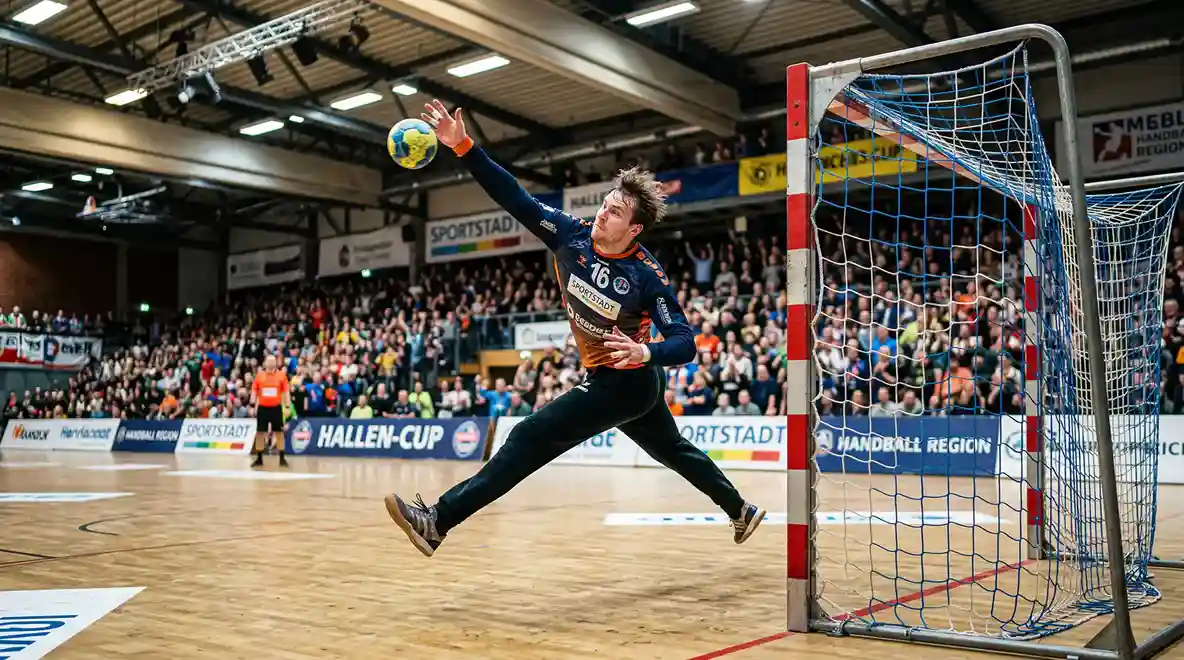 Handball-Torhüter pariert einen Wurf mit gestreckter Hand im Tor
