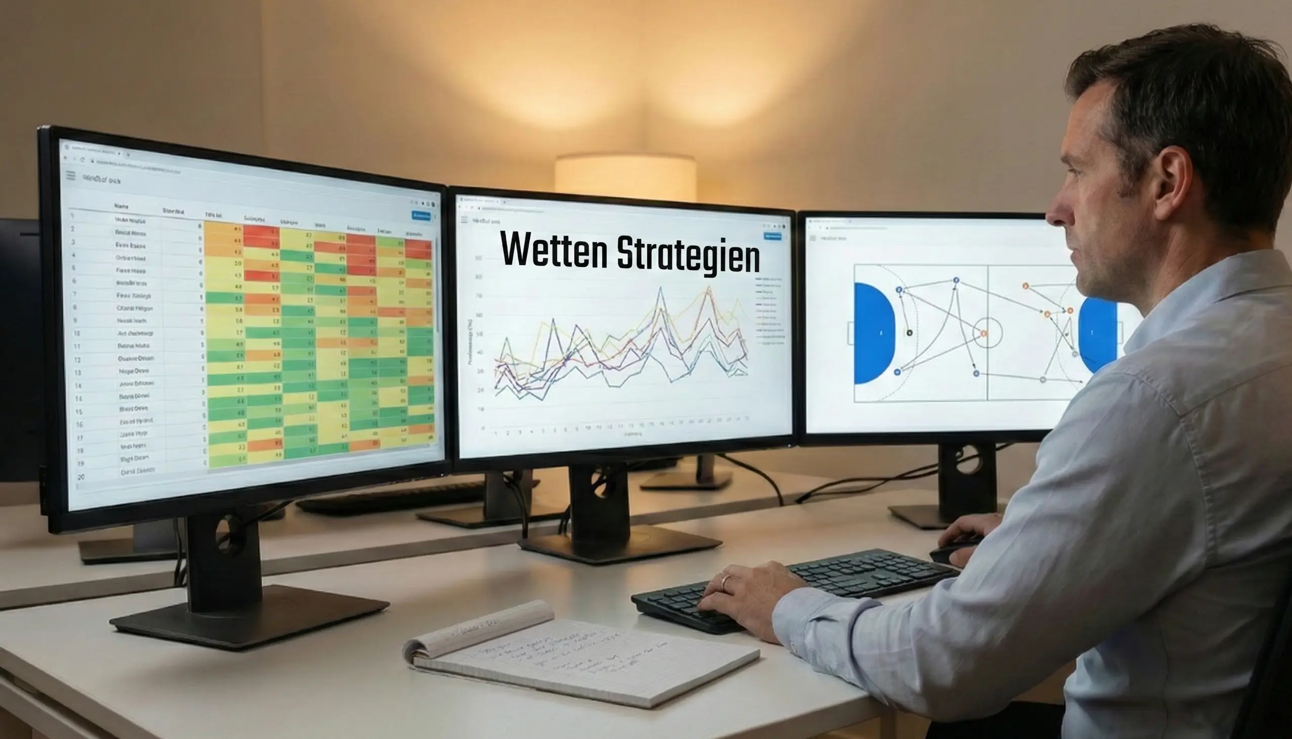 Person analysiert Handball-Statistiken auf mehreren Bildschirmen
