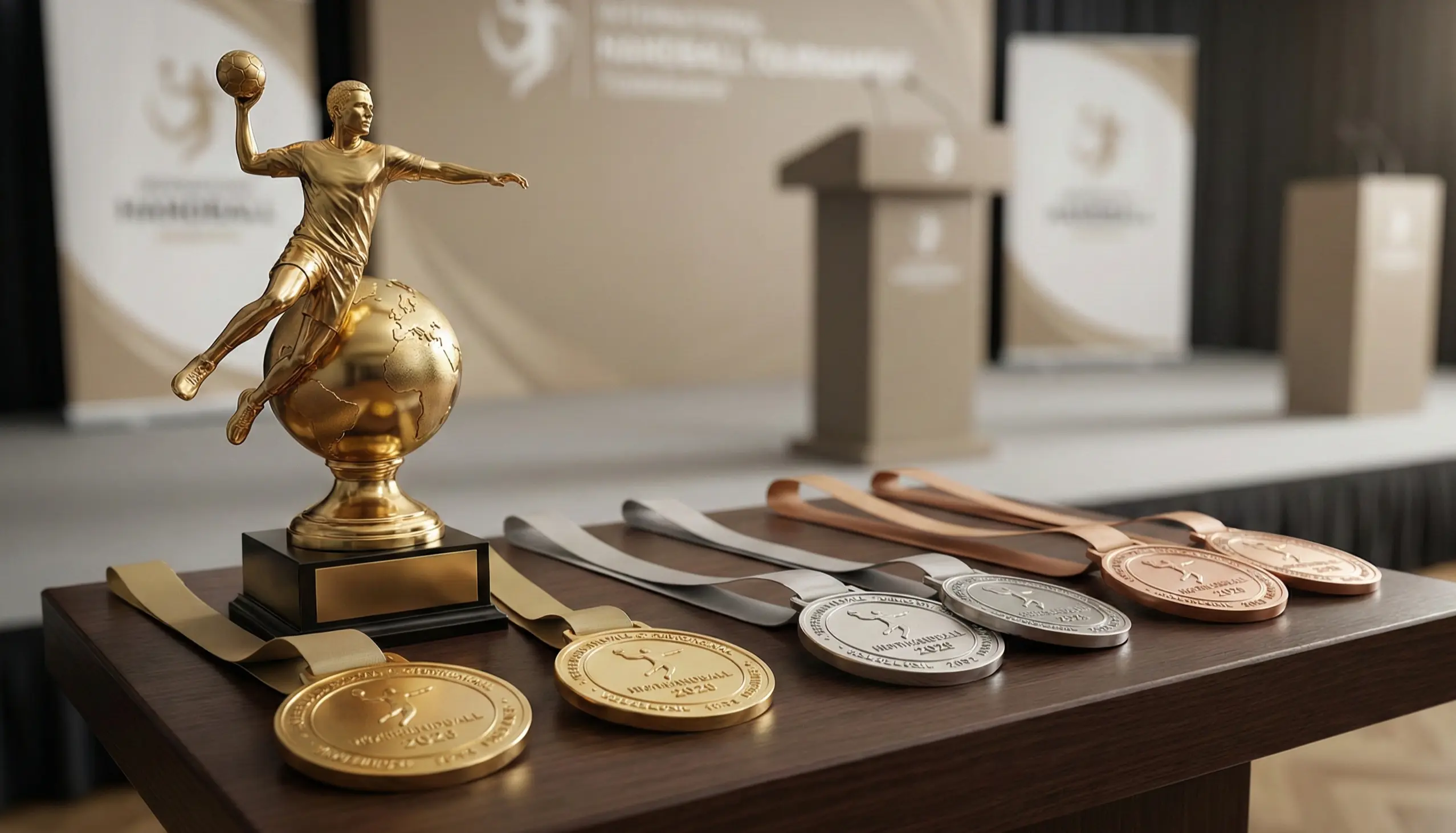 Handball-Pokal mit Medaillen bei internationaler Siegerehrung