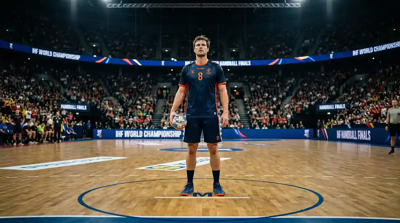 Handballspieler konzentriert vor dem Anwurf in einer Turnierpartie unter Flutlicht