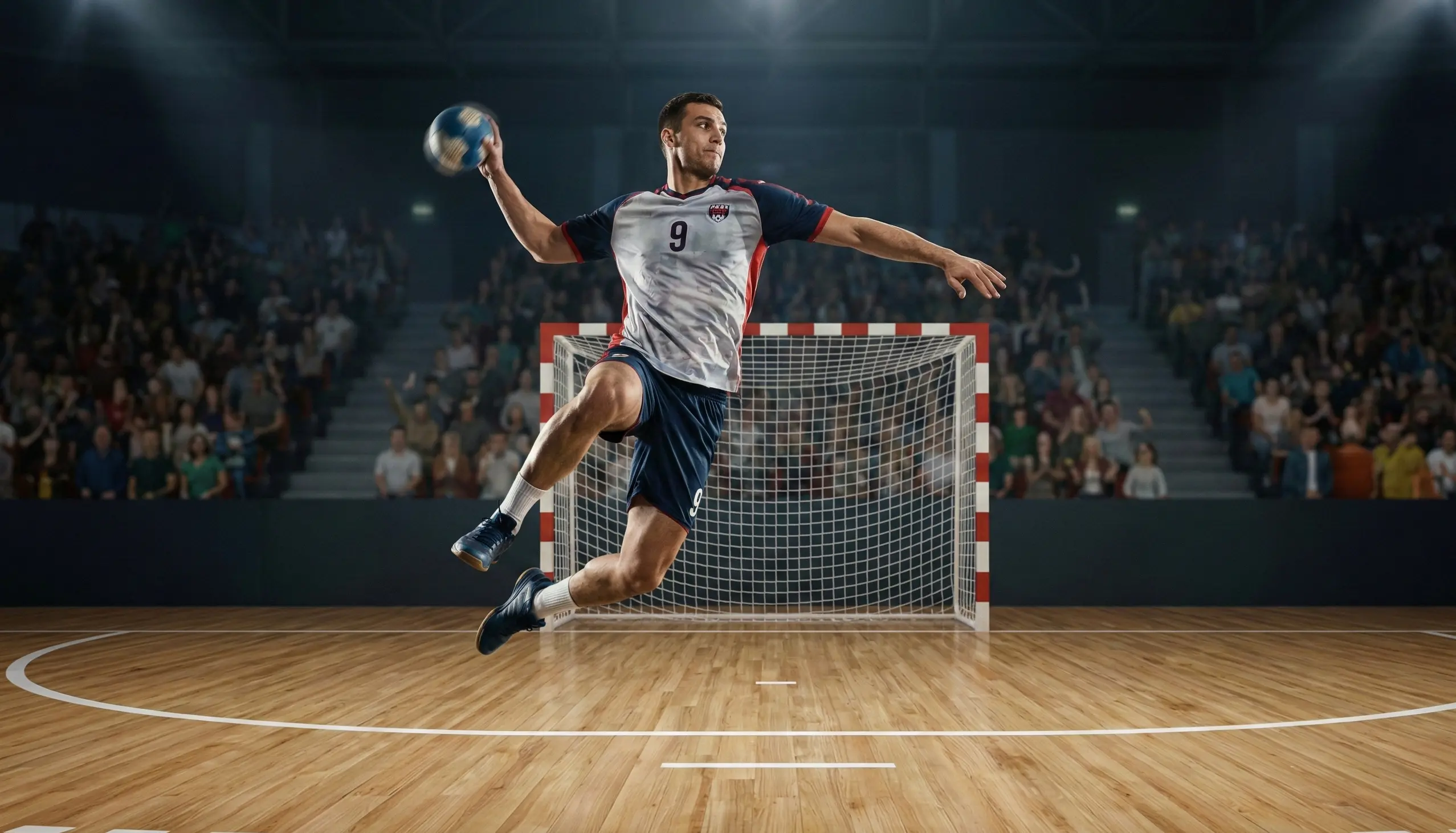 Handball-Spieler beim Torwurf in einer Arena mit jubelnden Fans