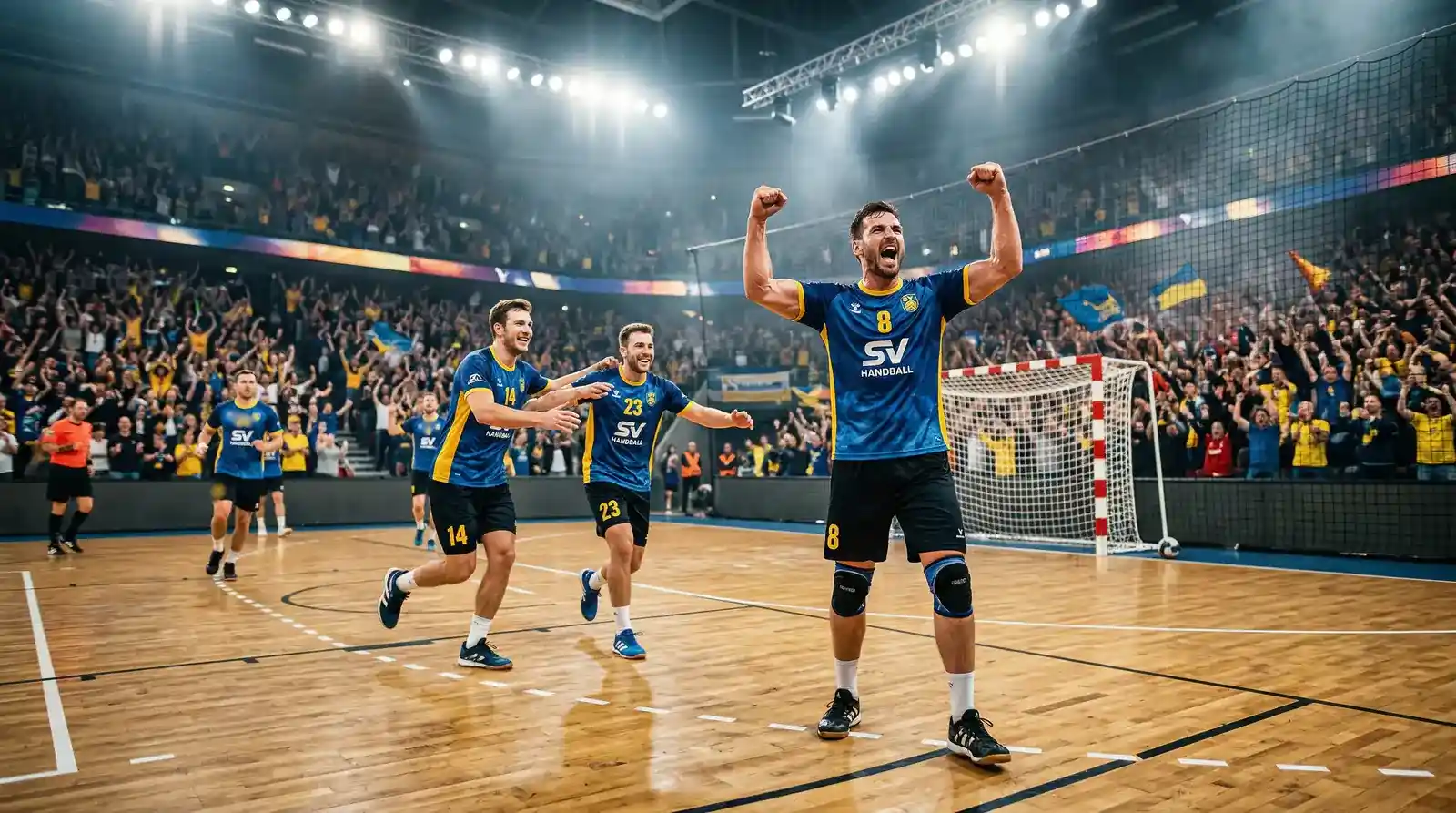 Handballspieler feiert einen Treffer vor jubelnden Fans in der Halle