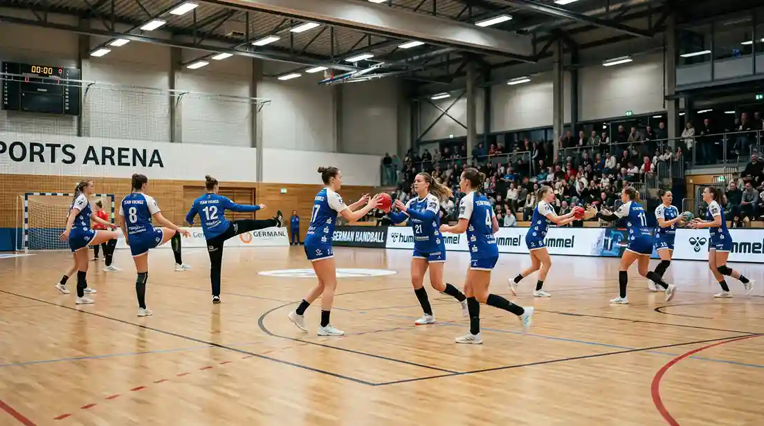 Handball-Mannschaft beim Aufwärmen in einer modernen Sporthalle