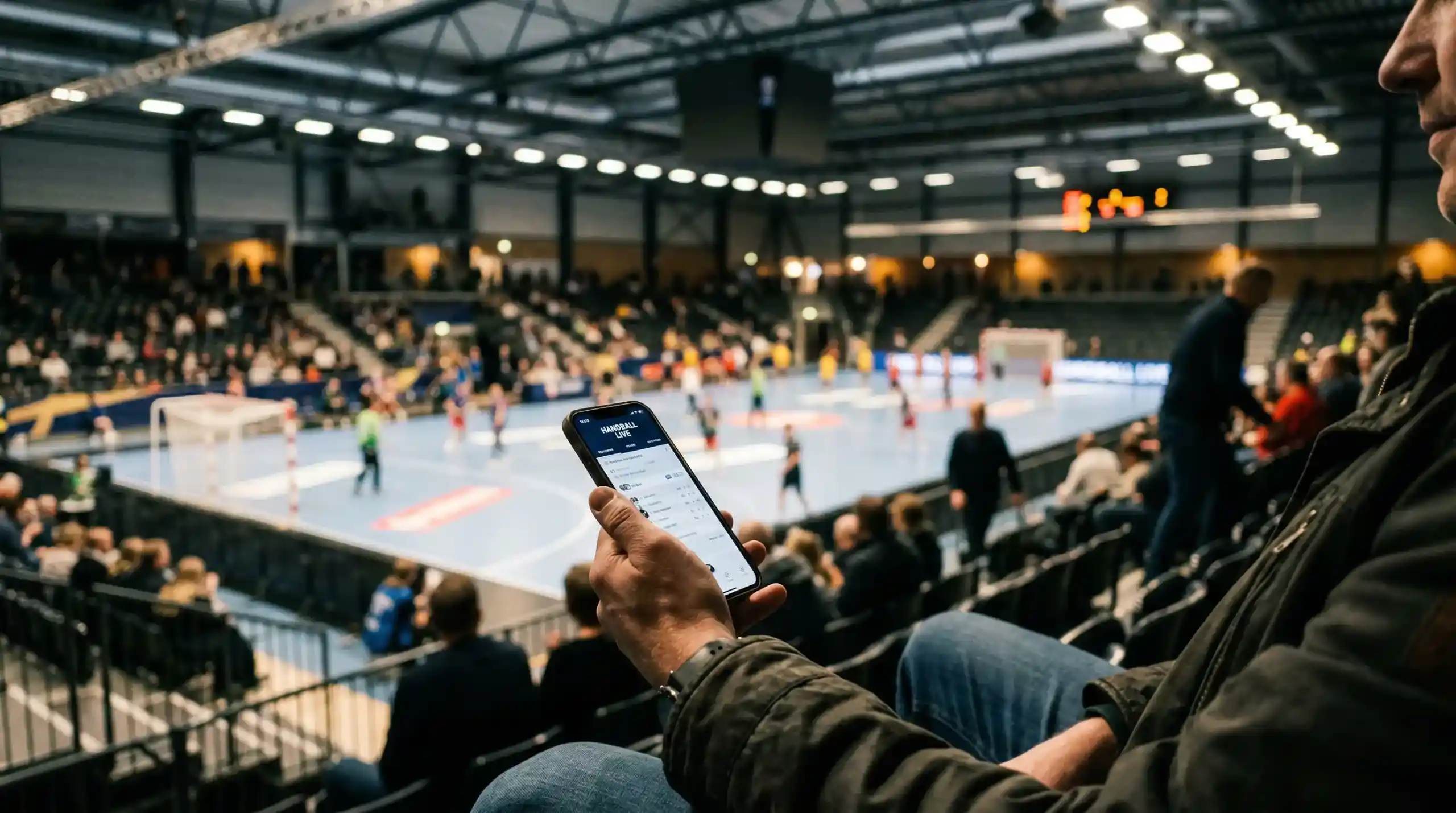 Person hält ein Smartphone in der Hand in einer Handball-Arena