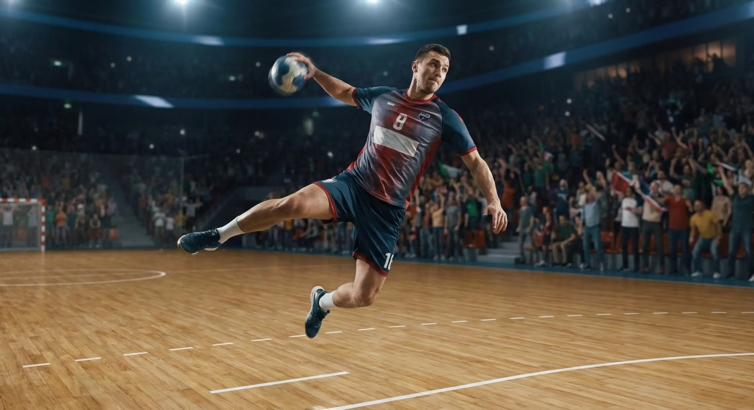 Handballspieler beim dynamischen Wurf auf das Tor in einer voll besetzten Arena