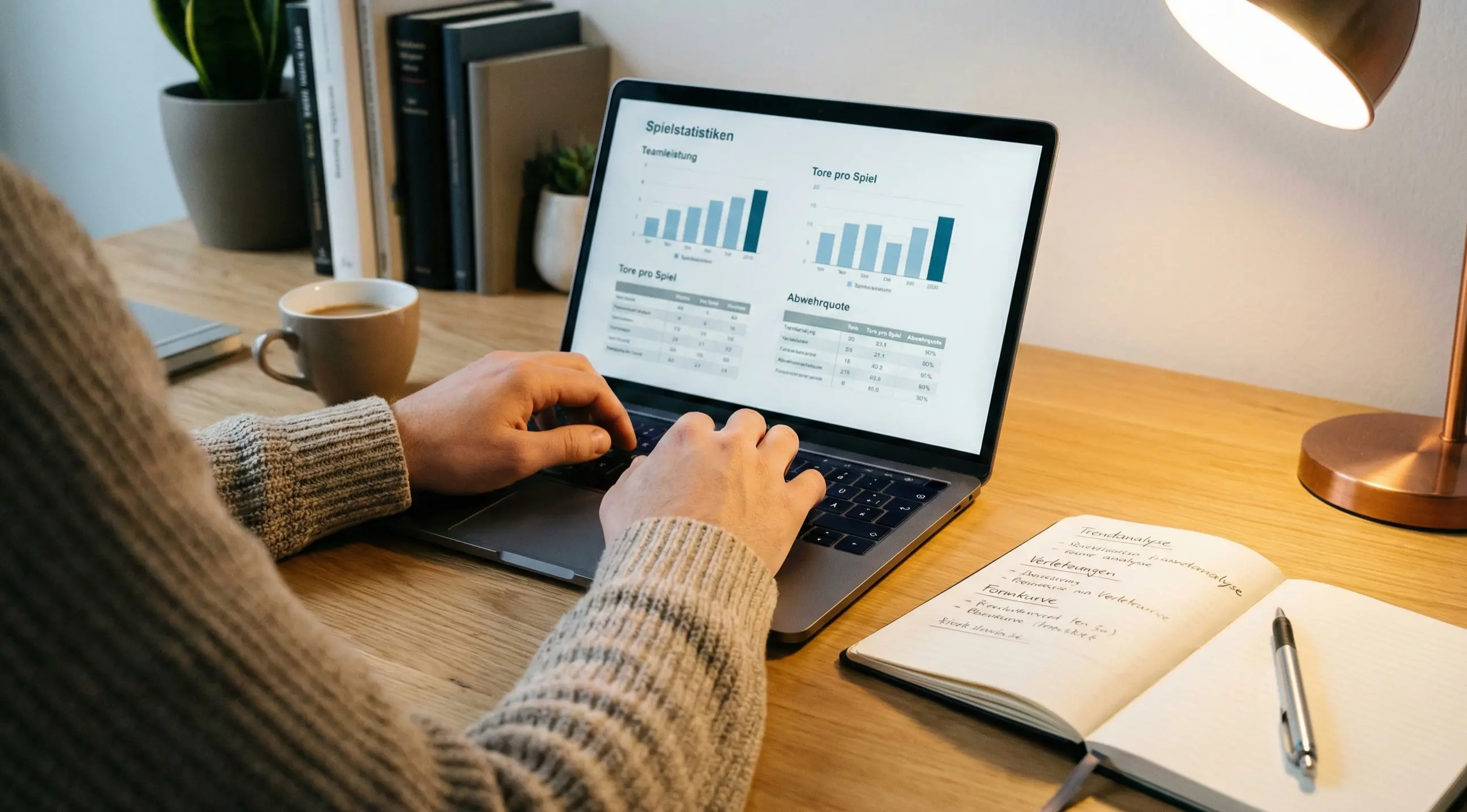 Person analysiert Handball-Statistiken auf Laptop mit Notizblock