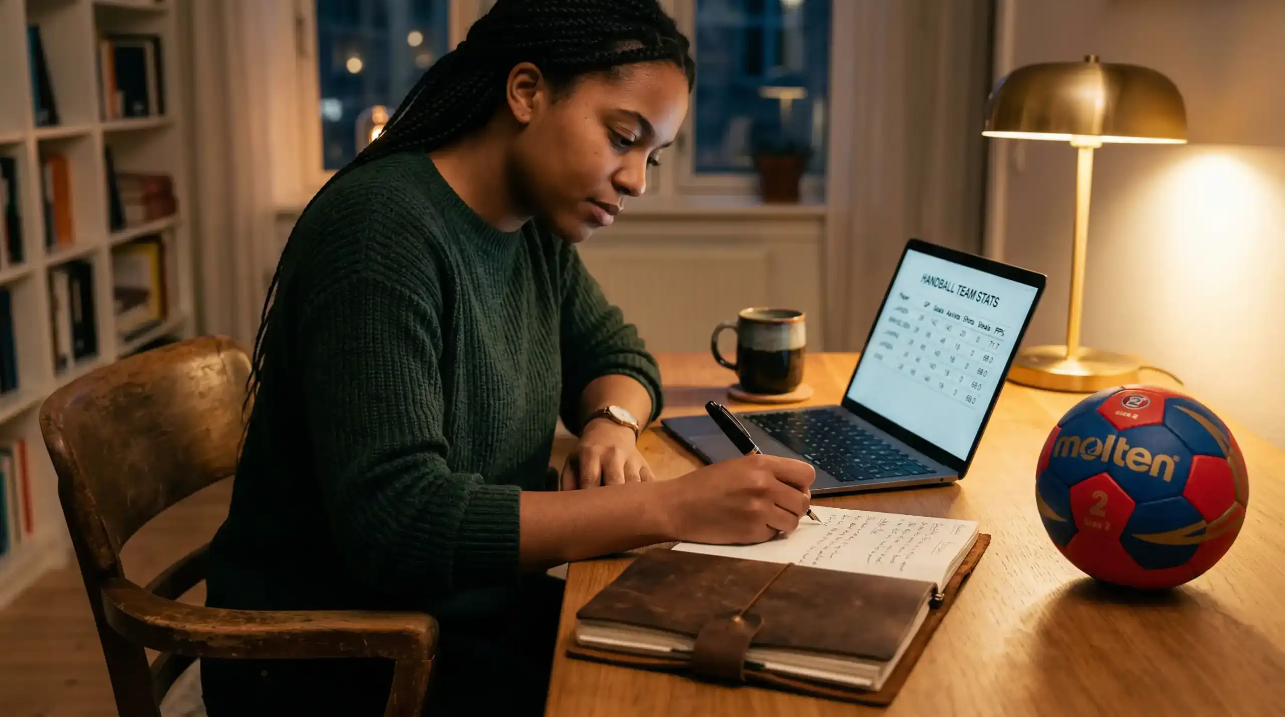 Person schreibt Notizen in ein Notizbuch neben einem Laptop mit Handball-Statistiken