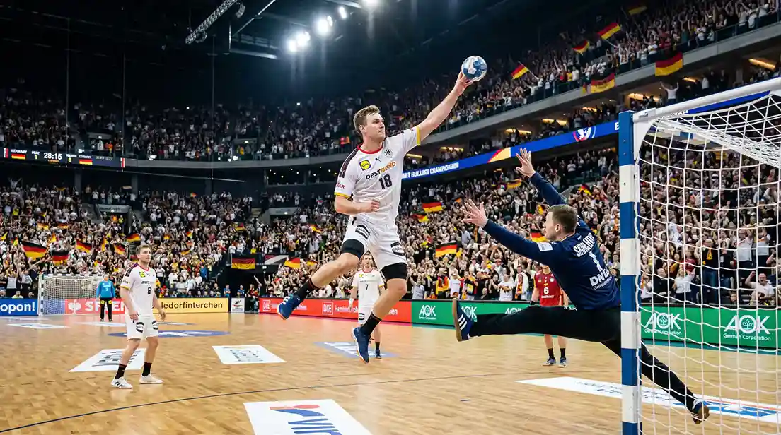 Handball-Spieler wirft auf das Tor in einer großen deutschen Arena mit Zuschauern