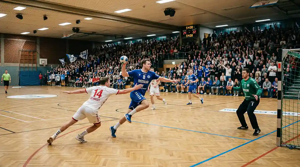 Handball-Spielszene in einer kompakten Zweitliga-Halle mit engagiertem Publikum