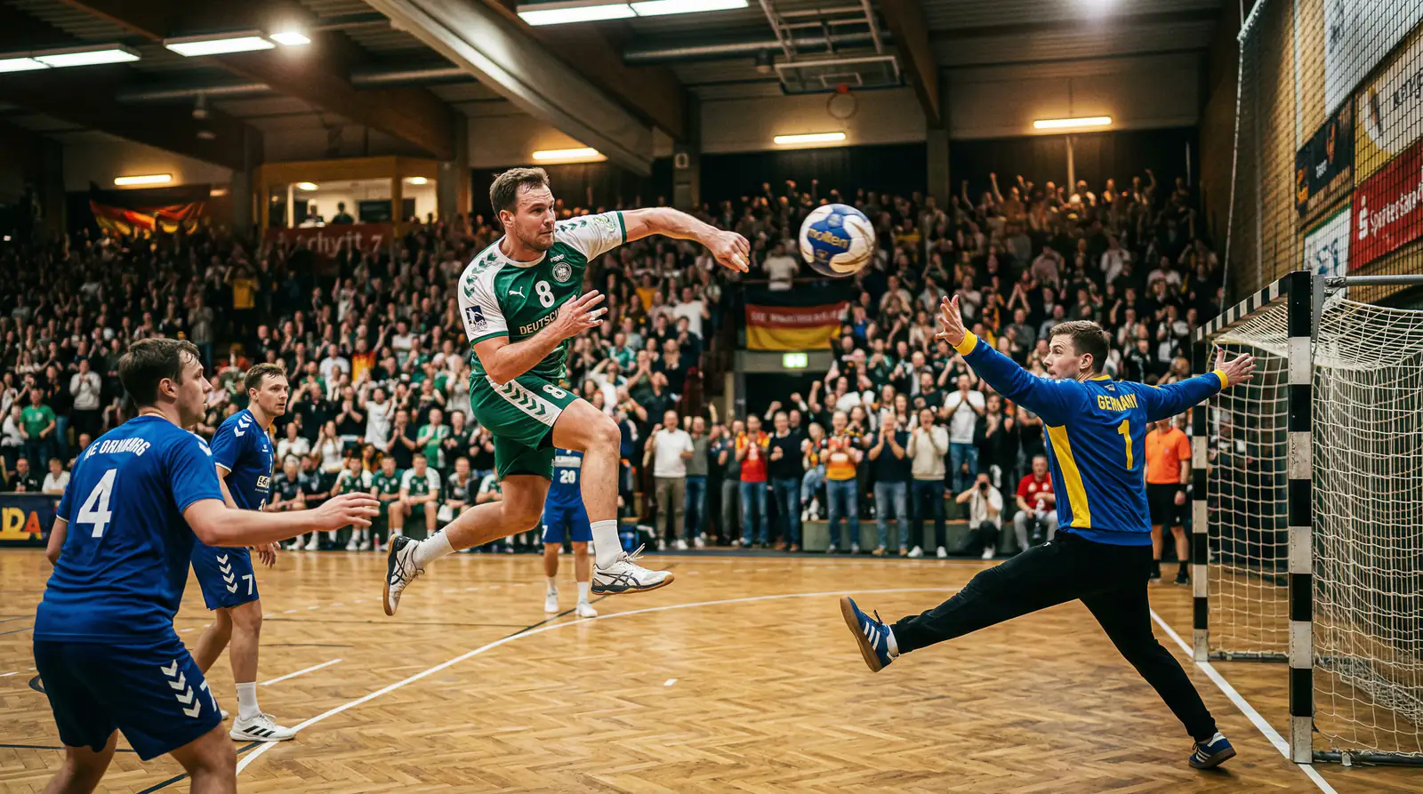 Handball-Spieler beim Torwurf im Sprung vor jubelnden Zuschauern in der Halle