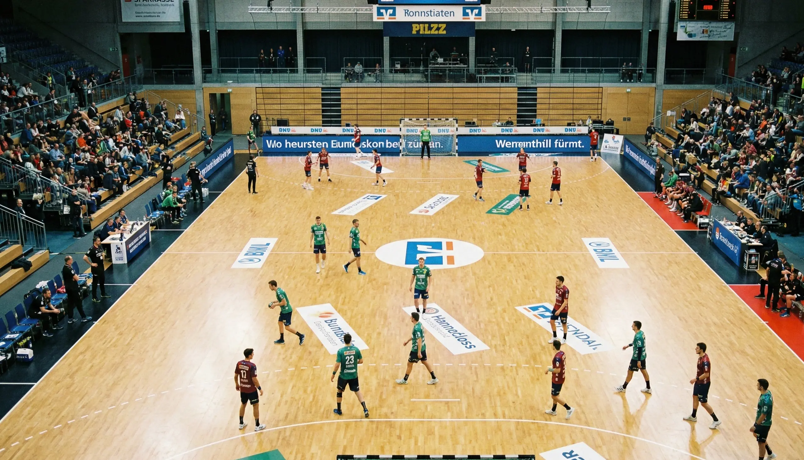 Handball-Arena mit Fans und Mannschaftsaufstellung