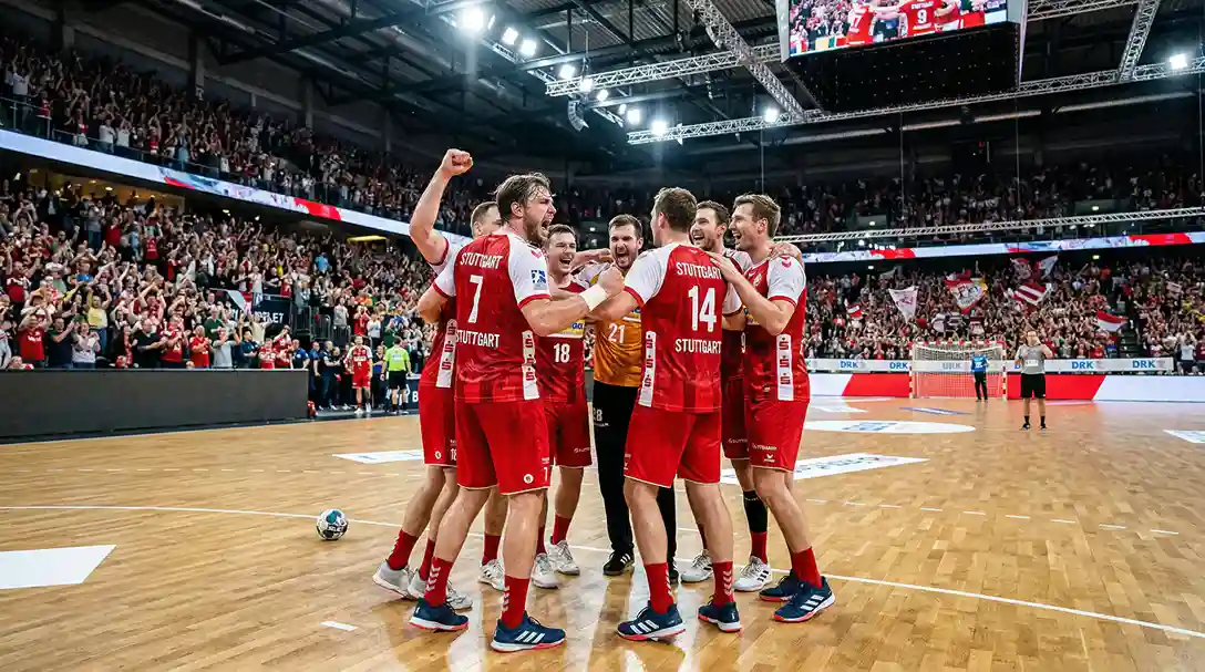 Handball-Mannschaft beim Jubel nach einem Tor in der Bundesliga-Halle