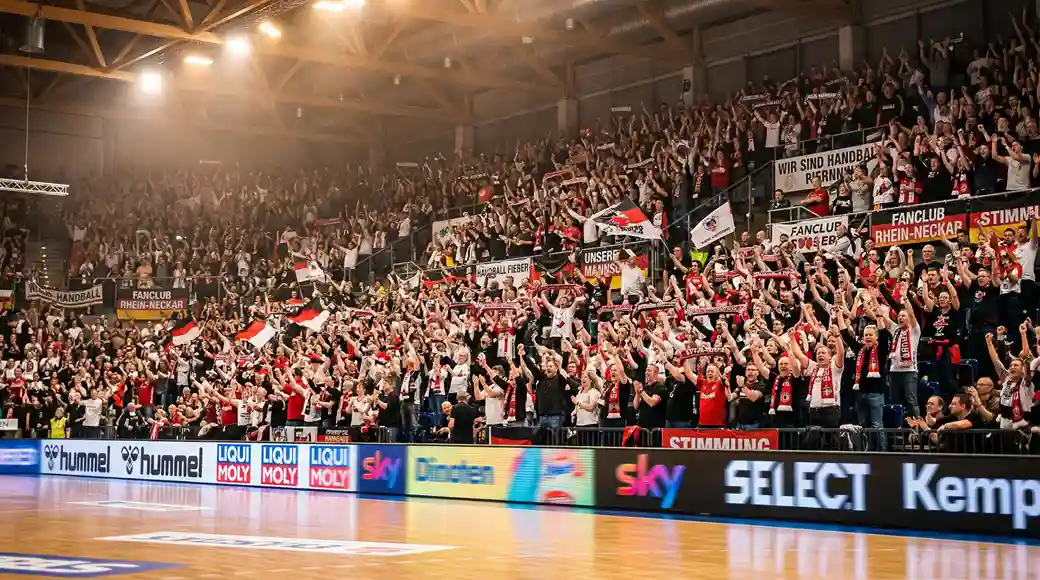 Volle Handball-Halle mit begeisterten Fans und Fahnen bei einem Heimspiel