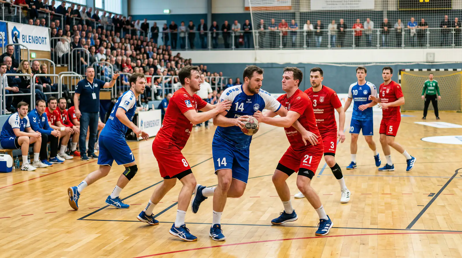 Mehrere Handballspieler verschiedener Teams im Zweikampf während eines Hallenspiels