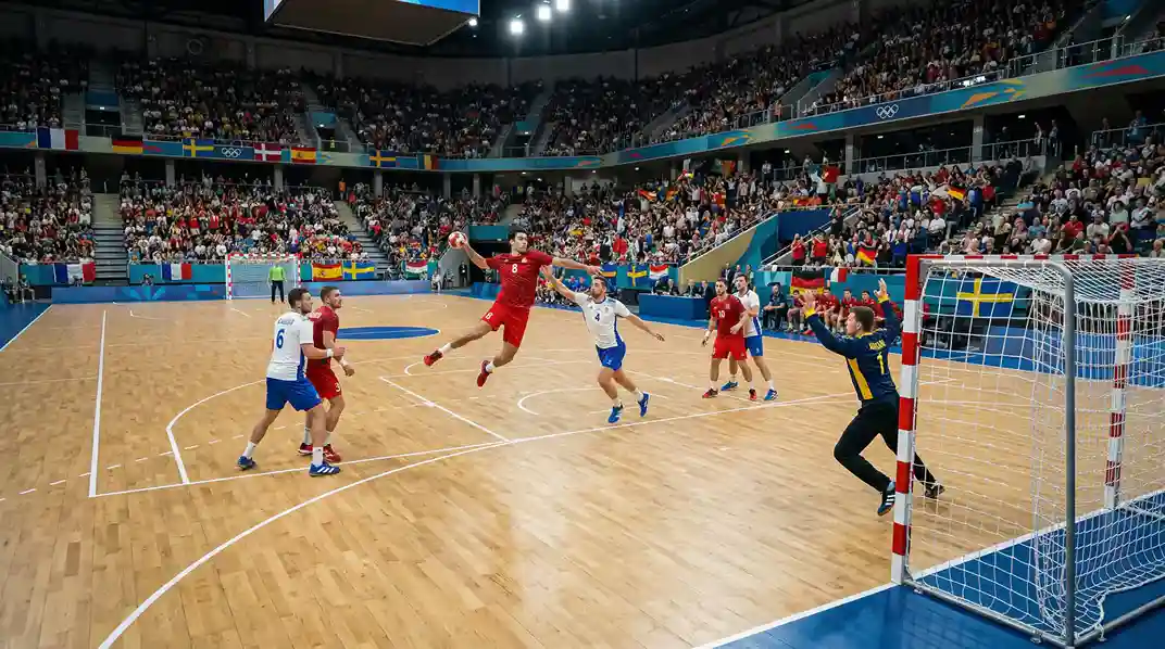 Handball-Spieler in Nationaltrikots beim olympischen Turnier in einer Multifunktionsarena