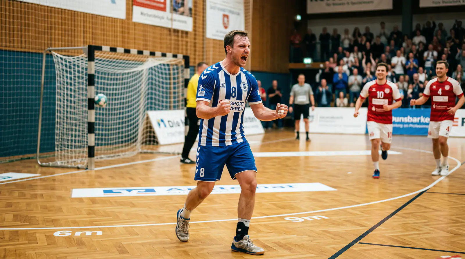 Handball-Spieler feiert einen Treffer mit geballter Faust in der Halle