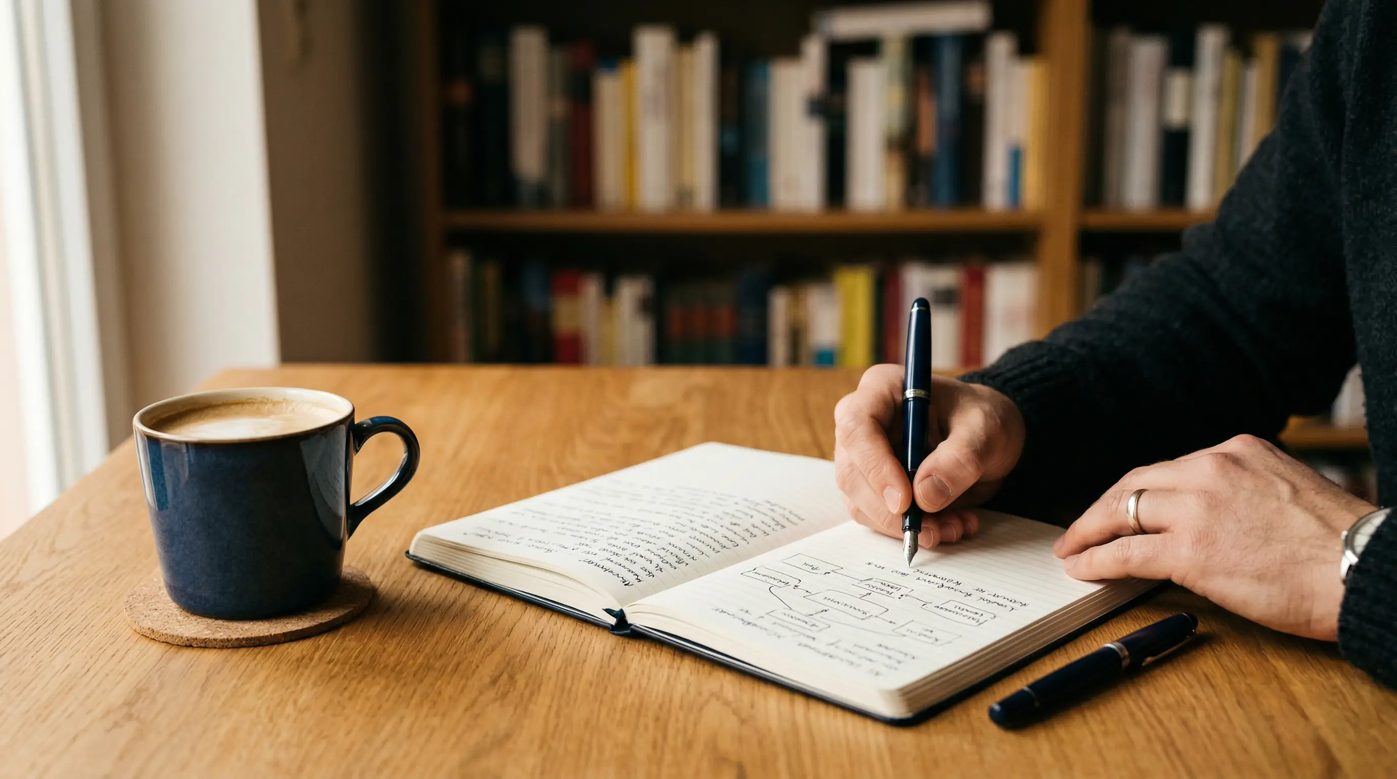 Person analysiert Handball-Statistiken mit Notizblock und Stift am Schreibtisch