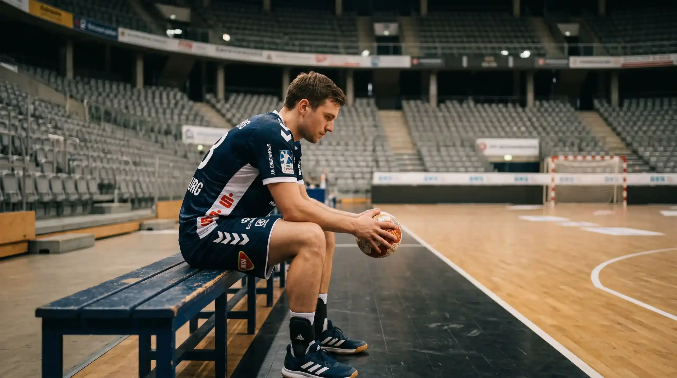 Ruhige Szene eines Handballspielers, der nachdenklich am Spielfeldrand sitzt
